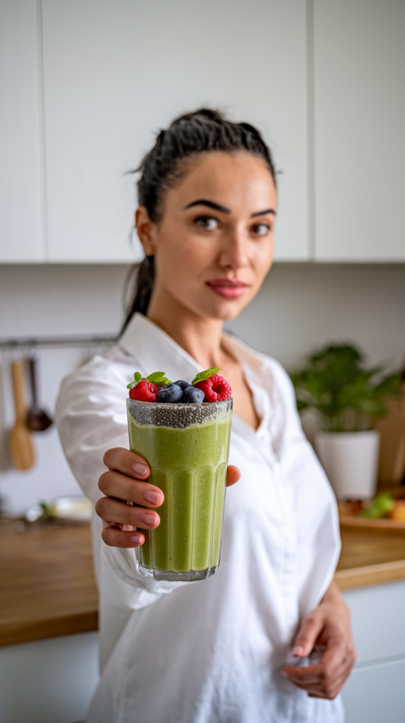 woman holding smoothie glass