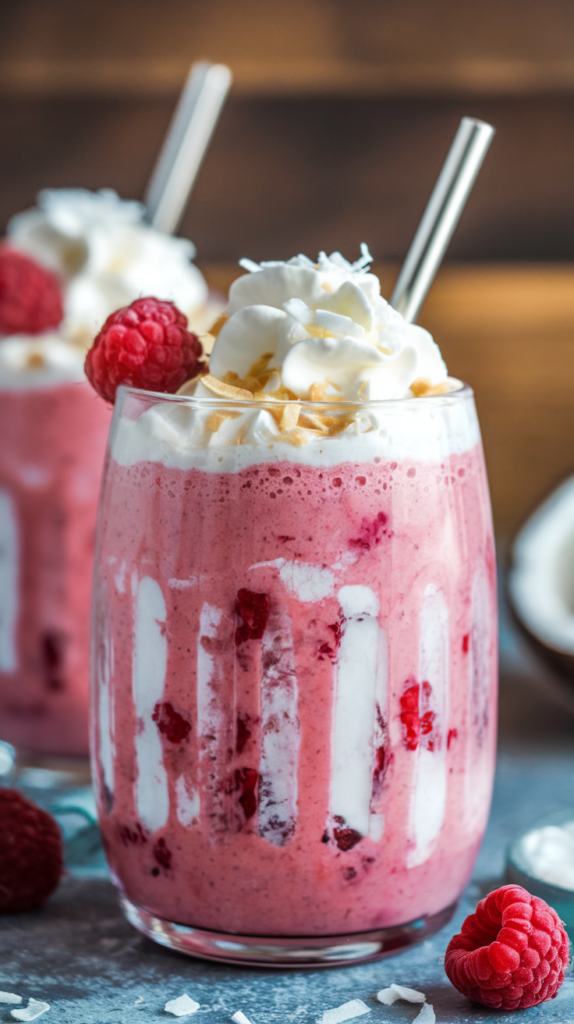 A glass of Raspberry Coconut Smoothie