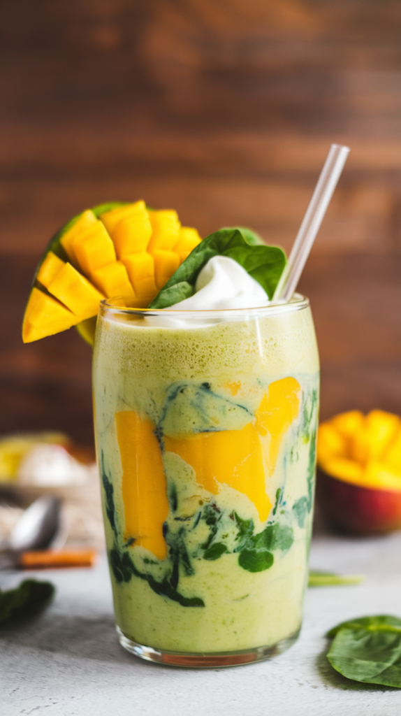 A glass of Mango Spinach Smoothie