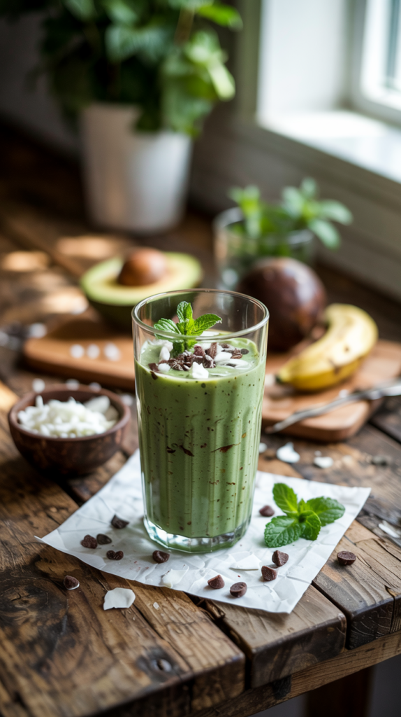 A glass of MINT CHOCOLATE CHIP SMOOTHIE
