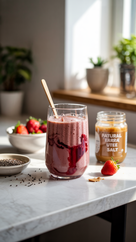 A glass of Peanut Butter and Jelly Smoothie