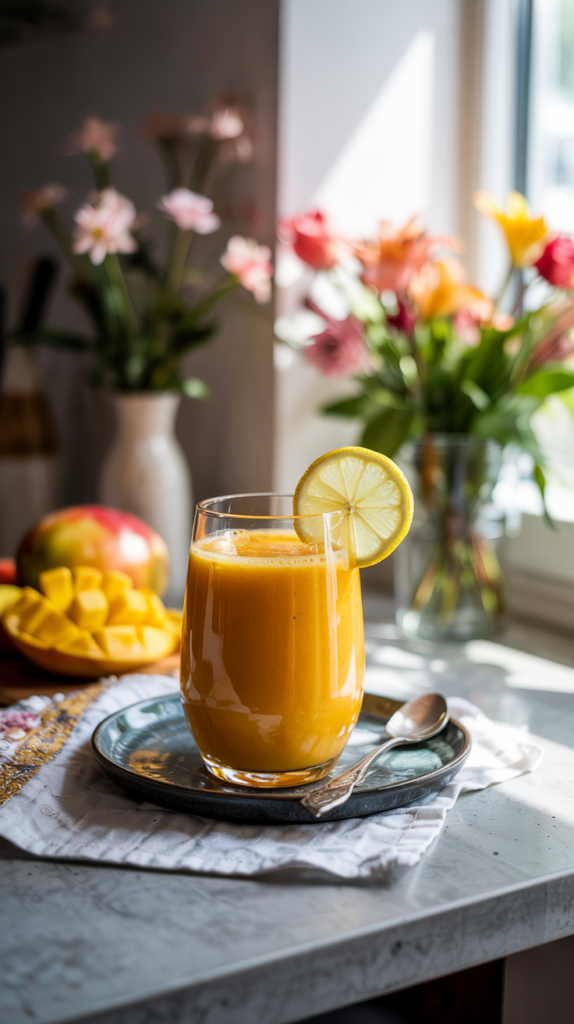 A glass of MANGO SUNRISE SMOOTHIE