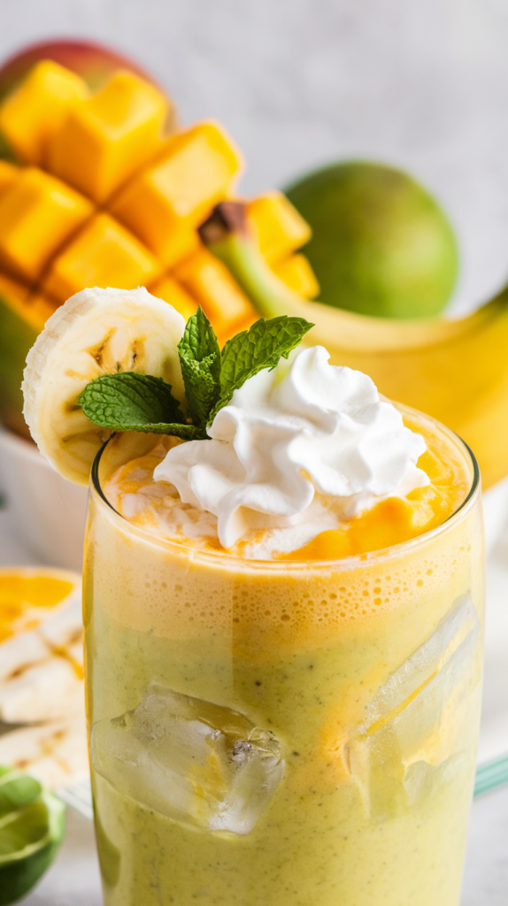 A glass of Tropical Mango Banana Smoothie