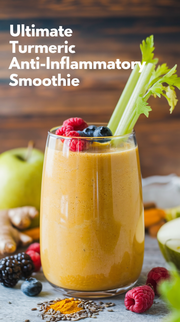 A glass of smoothie with text overlay ultimate turmeric anti-inflammatory smoothie