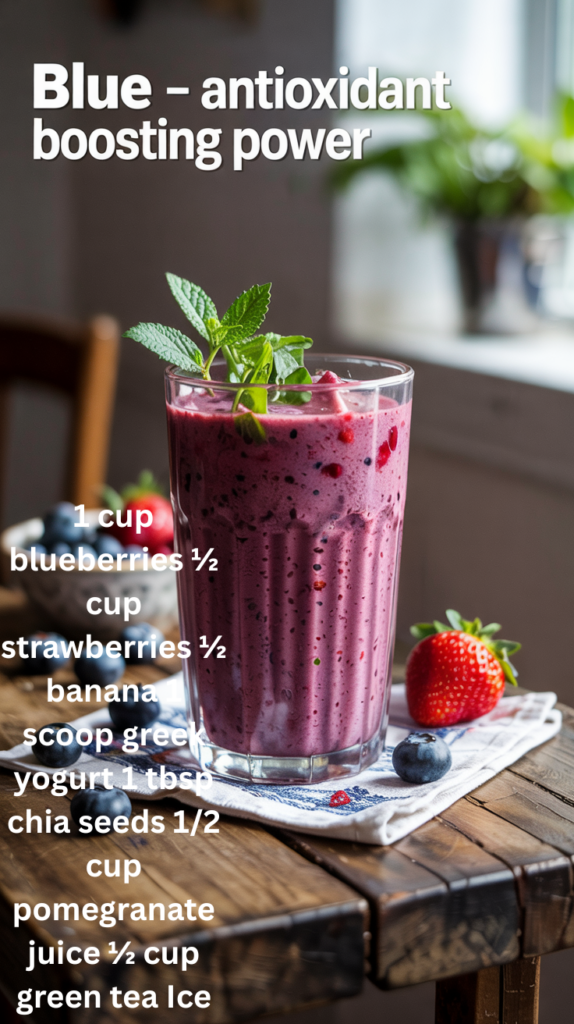 A glass of Blue Anti-oxidant Boosting Power Smoothie