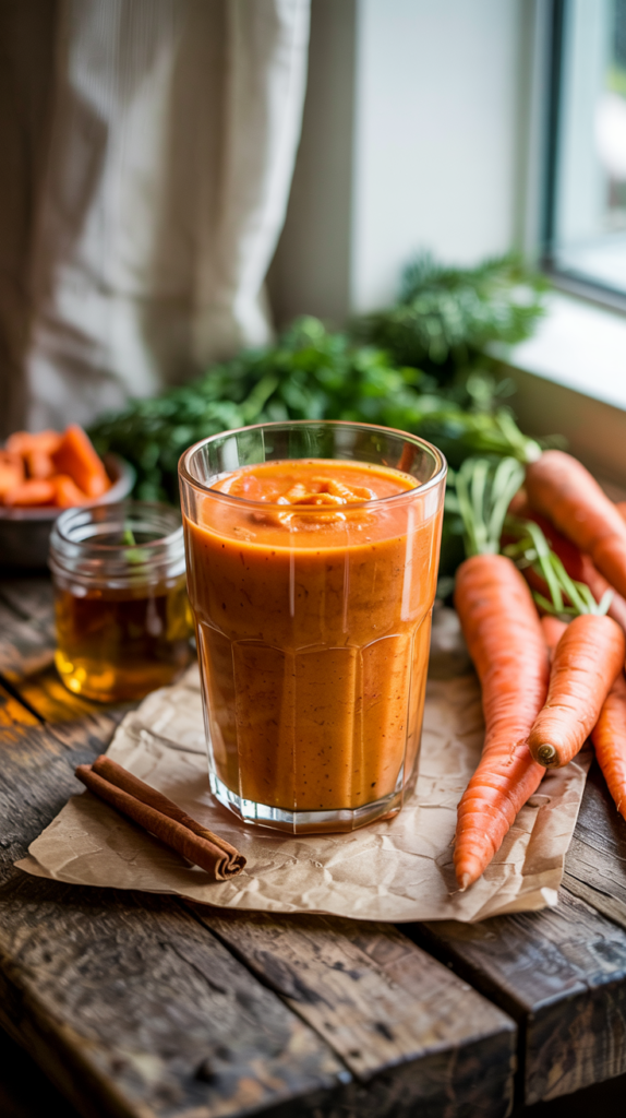 A glass of Sweet Potato Carrot Pie Smoothie
